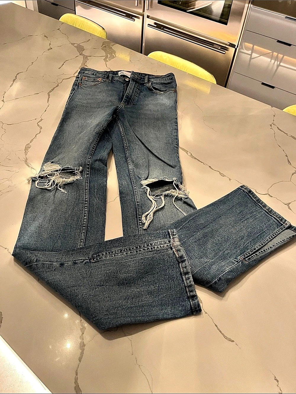 Zara Split Hem Slim High-Rise Full Length Distressed Jeans Distressed Jeans Blue
